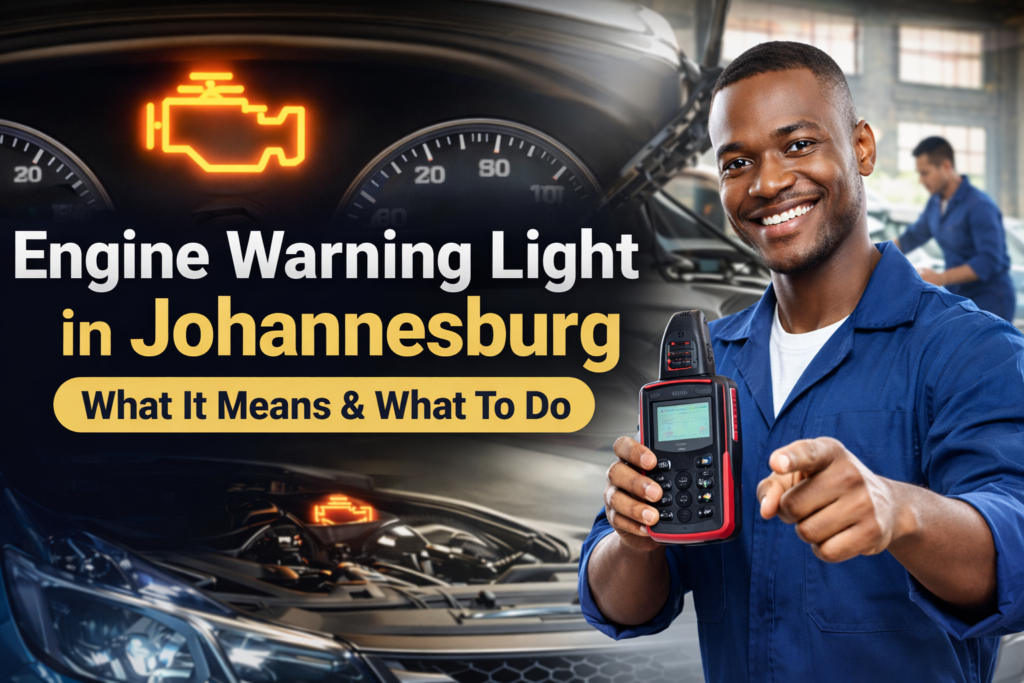 Engine warning light on dashboard with mobile mechanic diagnostics in Johannesburg