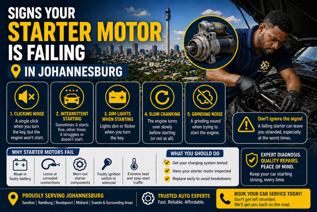 Mobile mechanic diagnosing starter motor failure in Johannesburg