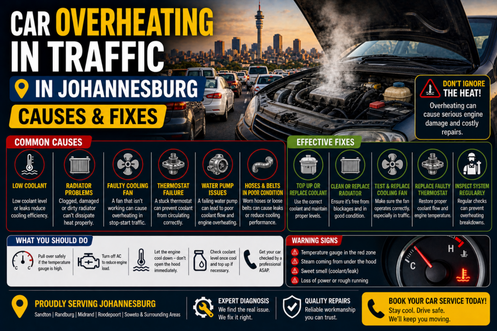 Car overheating in traffic with mobile mechanic inspecting engine in Johannesburg