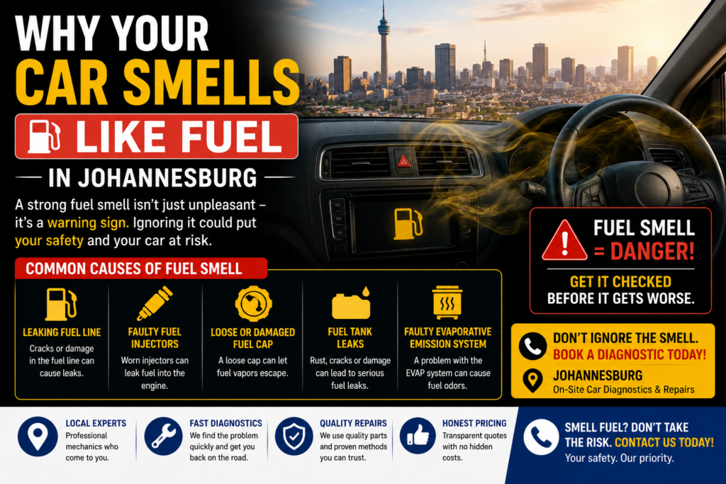 Mobile mechanic inspecting fuel smell problem in Johannesburg