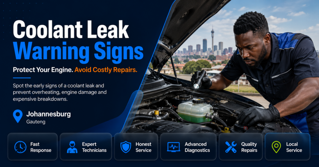 Mobile mechanic inspecting a coolant leak on a vehicle in Johannesburg